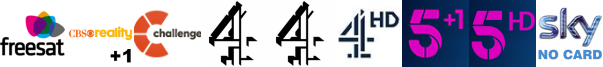 CBS Reality +1, Challenge, Channel 4  (Wales), Channel 4 (SD), Channel 4 HD, Channel 5 +1, Channel 5 HD