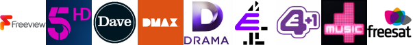 Channel 5 HD, Dave, DMAX, Drama, E4, E4 +1, E4 Extra