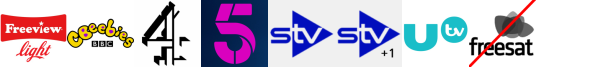 CBeebies, Channel 4 (SD) , Channel 5, STV (SD) , STV+1 , That's TV 3, UTV (SD) 