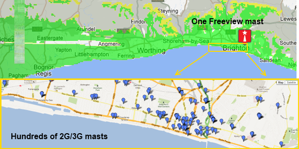 Example of different coverage areas between 4G and Freeview